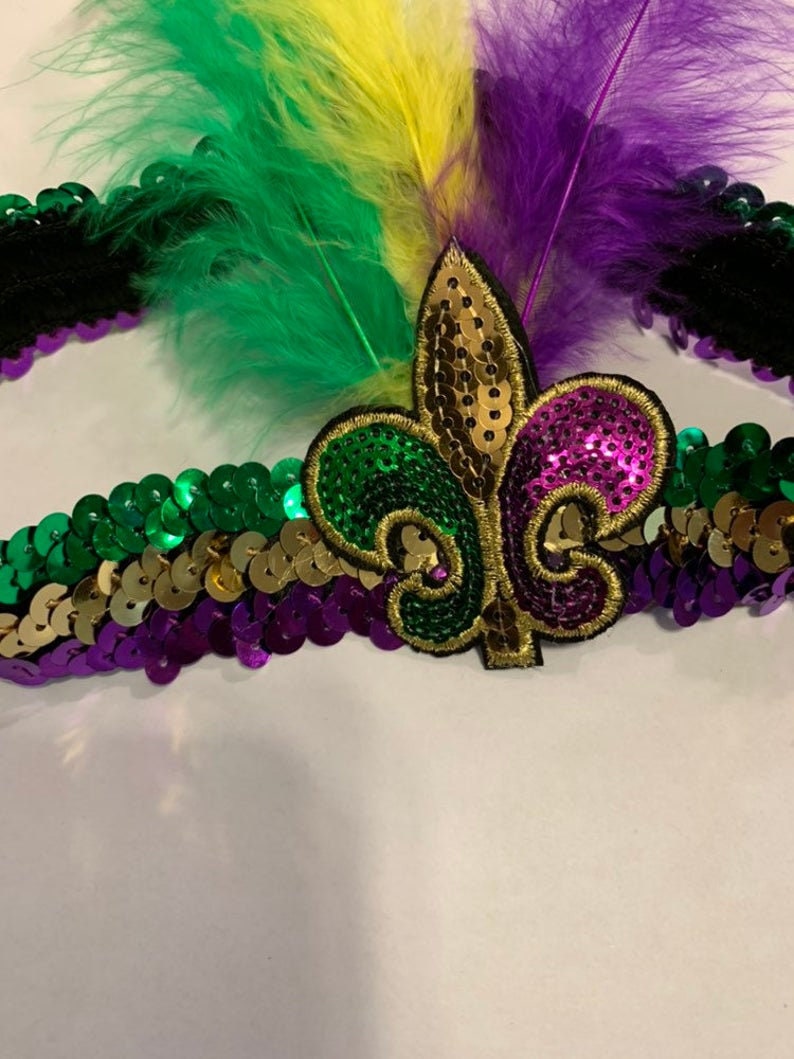 Mardi Gras Sequin Headband Plus Fingerless fishnet gloves Fleur de lis earrings Mardi Gras Beads Parade Wear party