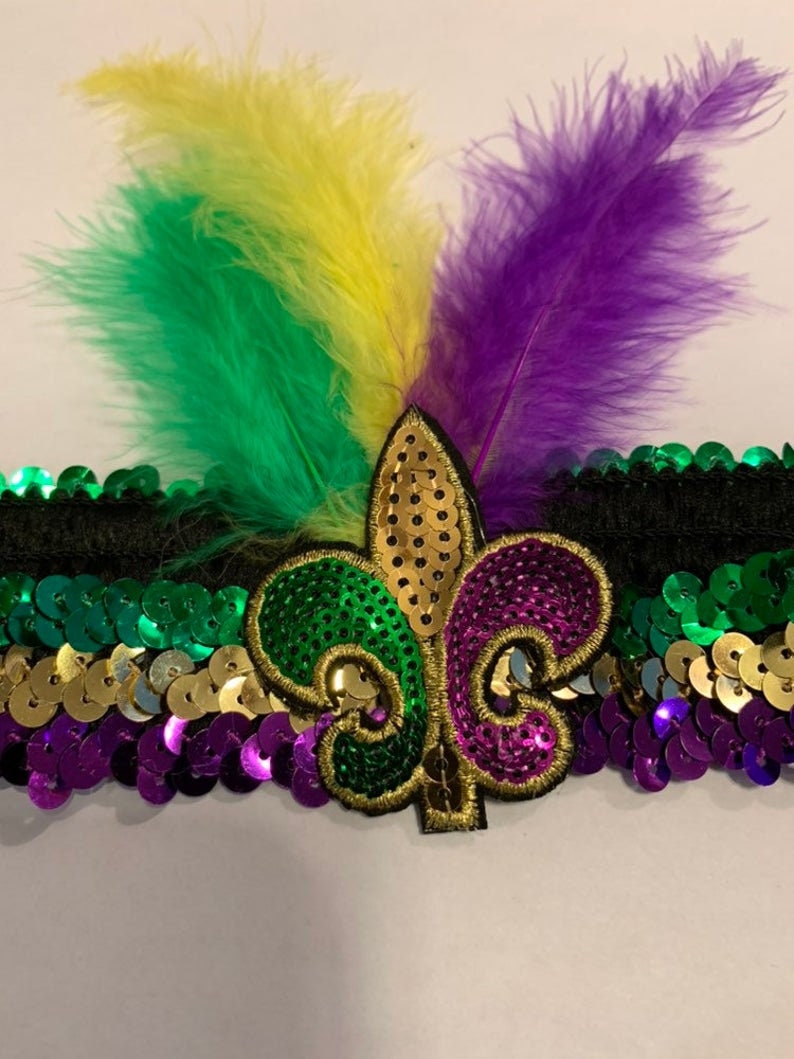 Mardi Gras Sequin Headband Plus Fingerless fishnet gloves Fleur de lis earrings Mardi Gras Beads Parade Wear party