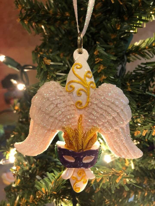 Fleur De Lis White Glitter Angel Wing Tree ornament Holiday Mardi Gras Mask Parade  Gold Scroll & Feathers Bless You Boys Saints New Orleans