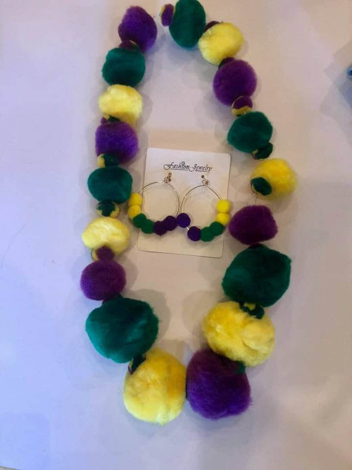 Mardi Gras Pom Pom Necklace Earrings Set Plush Parade Wear