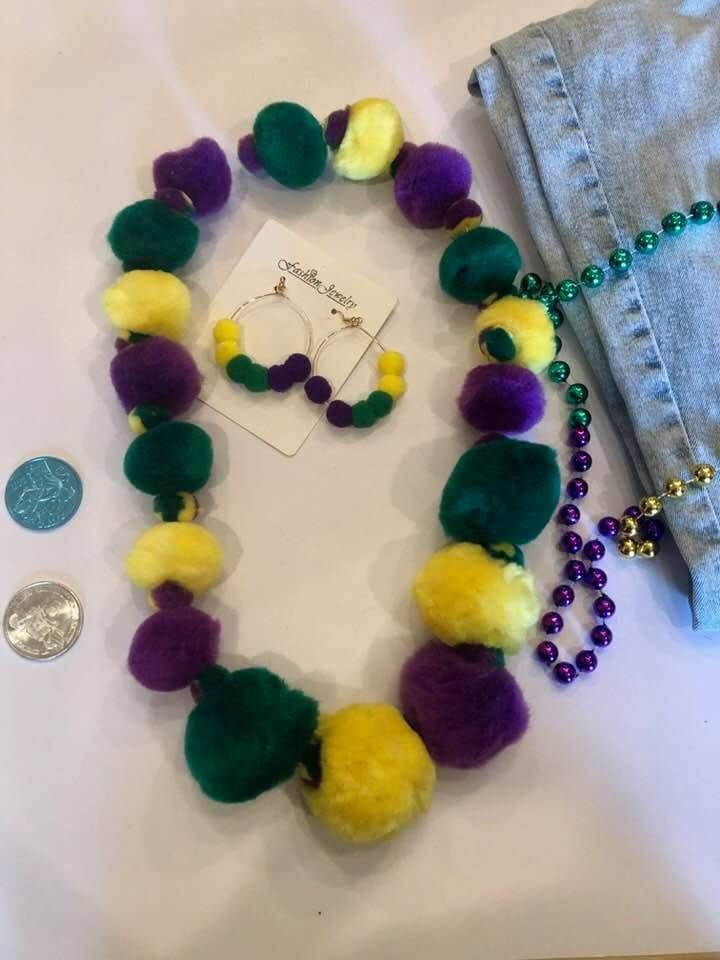 Mardi Gras Pom Pom Necklace Earrings Set Plush Parade Wear