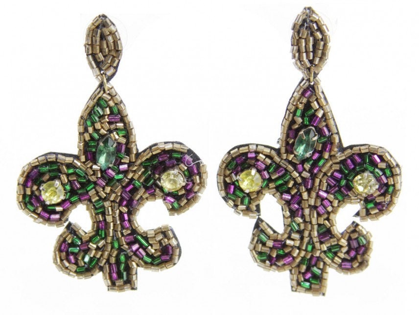 Mardi Gras Seed Bead Fleur De Lis Dangle Post Earrings New Orleans Parade Wear Carnival Masquerade Ball Party