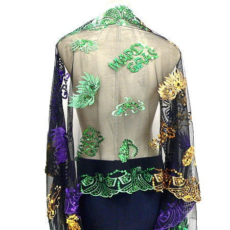 Mardi Gras theme Sequined Shawl Purple Green Gold Fringe Oblong SCARF MASQUERADE COSTUME Sexy table runner tree skirt