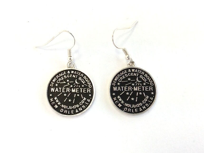 Antique Silver Plate Water Meter Hook Earrings New Orleans Mardi Gras French Quarter