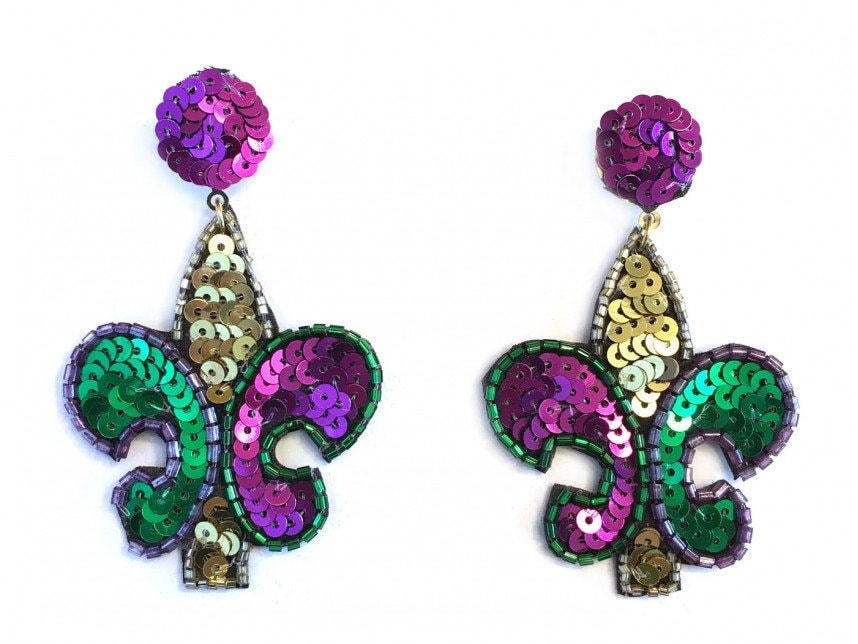 Mardi Gras Large Sequin Multi Colored Fleur de Lis Post Earring Purple, Green, Gold, parade costume party carnival