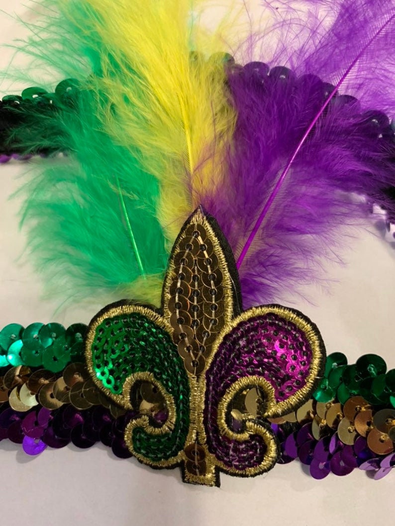 Mardi Gras Sequin Headband Plus Fingerless fishnet gloves Fleur de lis earrings Mardi Gras Beads Parade Wear party