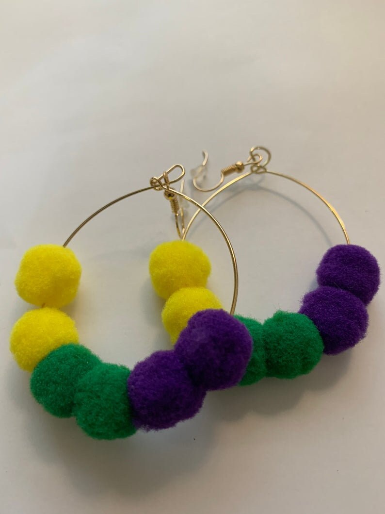 Mardi Gras Pom Pom Ladies Earrings parade wear Carnival Masquerade Hoop