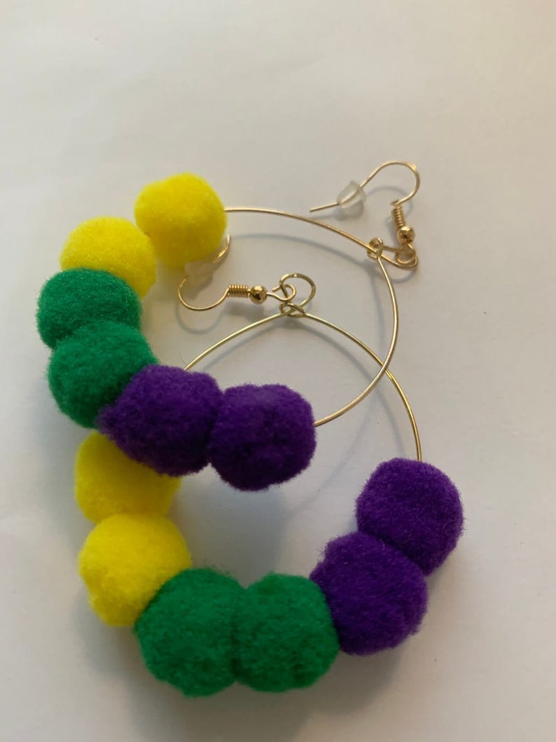 Mardi Gras Pom Pom Ladies Earrings parade wear Carnival Masquerade Hoop