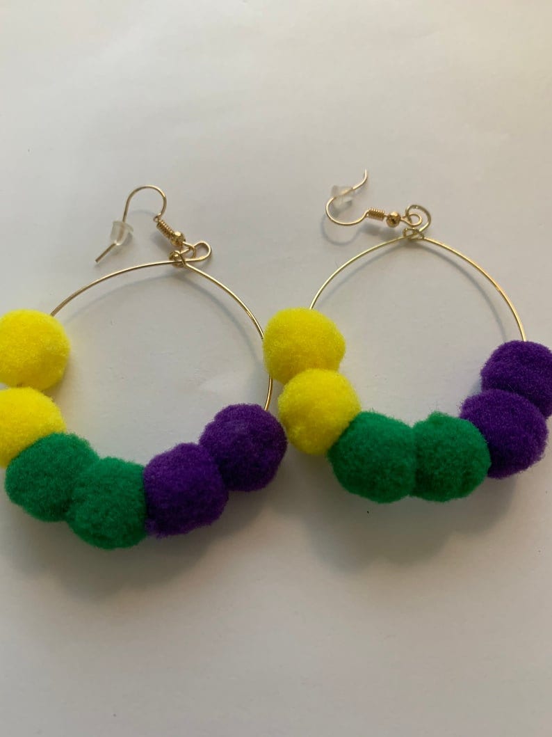 Mardi Gras Pom Pom Ladies Earrings parade wear Carnival Masquerade Hoop