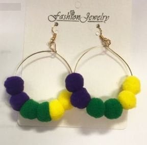 Mardi Gras Pom Pom Ladies Earrings parade wear Carnival Masquerade Hoop