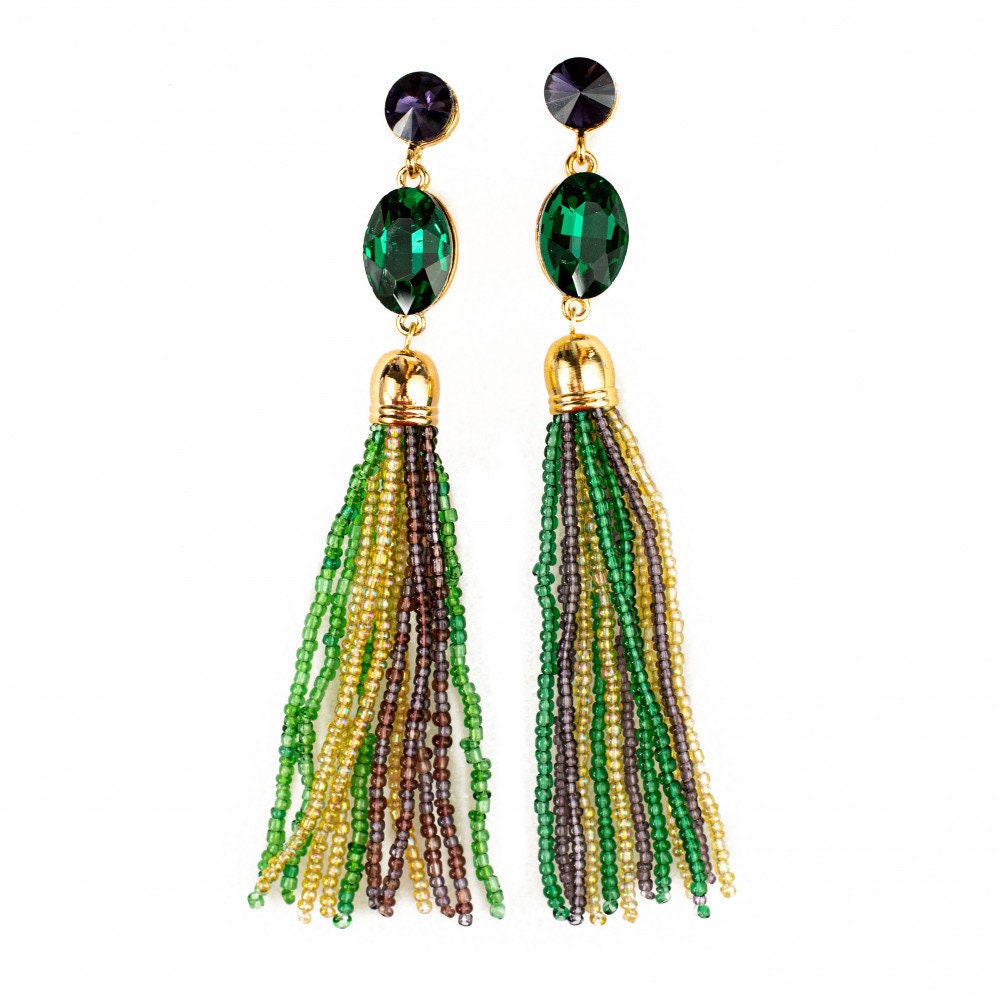 Mardi Gras 4.75" Stone & Seed Bead Tassel Earrings Parade Wear Carnival Masquerade Ball