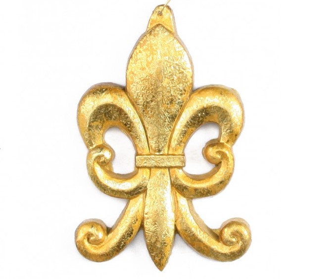 Gold Leaf Fleur de Lis  antique finish Ornament Christmas Holiday Tree Mardi Gras New Orleans Carnival hangs from ribbon Fat Tuesday