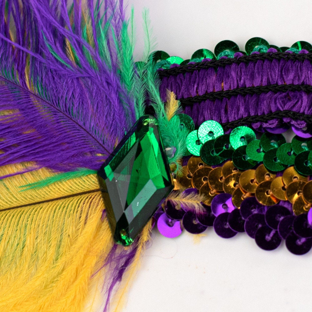 MARDI GRAS FEATHER Elastic Sequin Headband With Emerald Jewel Sequin Headband New Orleans Bourbon St. Costume Parade Wear Headpiece