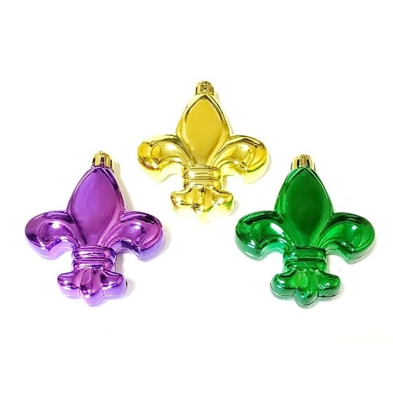 Set of (3) 3" INCH Fleur de Lis Purple Green Gold Holiday Christmas Ornaments New Orleans