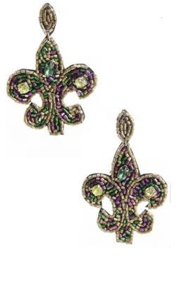 Mardi Gras Seed Bead Fleur De Lis Dangle Post Earrings New Orleans Parade Wear Carnival Masquerade Ball Party