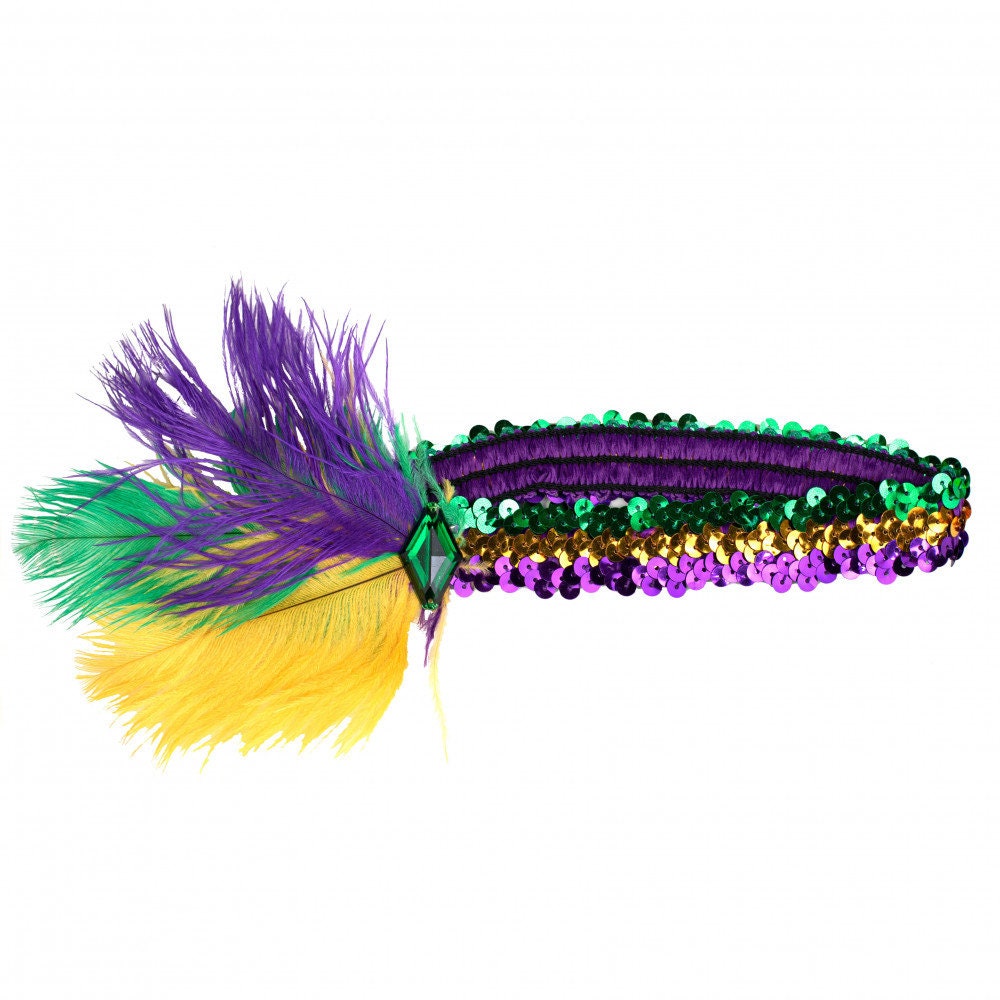 MARDI GRAS FEATHER Elastic Sequin Headband With Emerald Jewel Sequin Headband New Orleans Bourbon St. Costume Parade Wear Headpiece