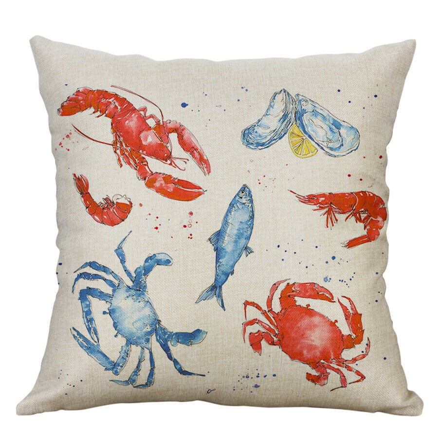 18" New Retro Shrimp Oyster Shrimp Fish Cotton Linen Pillow Case Cushion Cover Throw Home Decor  Home Pillowcase  Boil Seafood Decorative