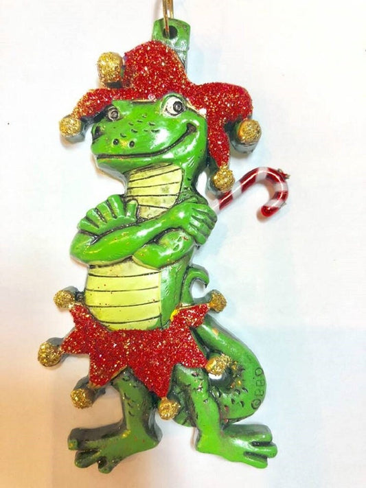 Alligator Jester Bayou Santa Claus Candy Cane Christmas Tree Holiday Ornament Louisiana Cajun Creole Mardi Gras croc Crocodile Gift Box