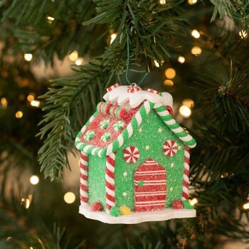 Candy and Pastry Green Gingerbread House Christmas Tree Holiday Ornament sweets  peppermints, candy canes,ribbon for hanging