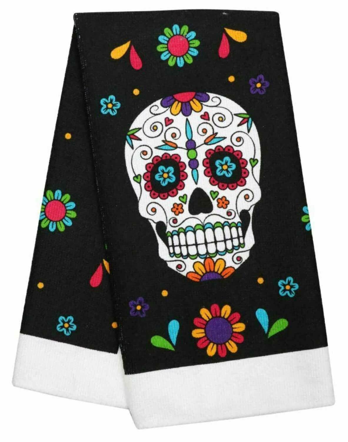 Day of The Dead Skull Kitchen Towel and Halloween Skull Decor Black Floral Soft Hand Towel