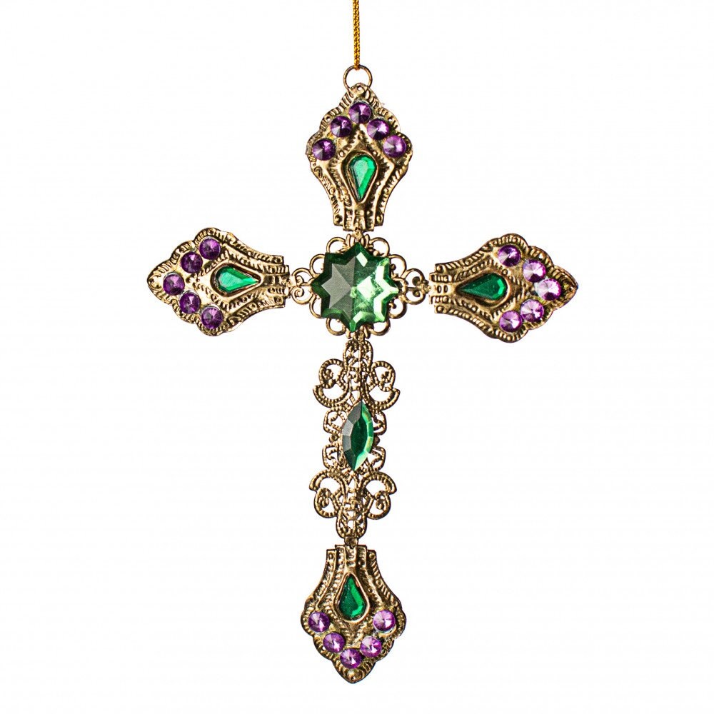 6" Gold Cross Ornament With Green & Purple Jewels New Orleans Christmas Mardi Gras Holiday Ornament Jesus