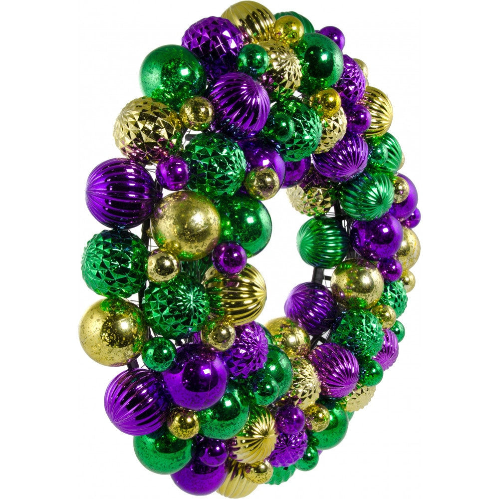 16" Antique Finish Ball Mardi Gras Christmas Wreath: Purple, Green & Gold Decorated Door Ornament Home Collection Decor Fat Tuesday