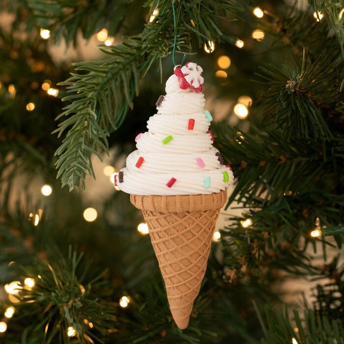 Pink & White Ice Cream Cone Ornament Glitter Ornament Christmas Holiday Blue Bell