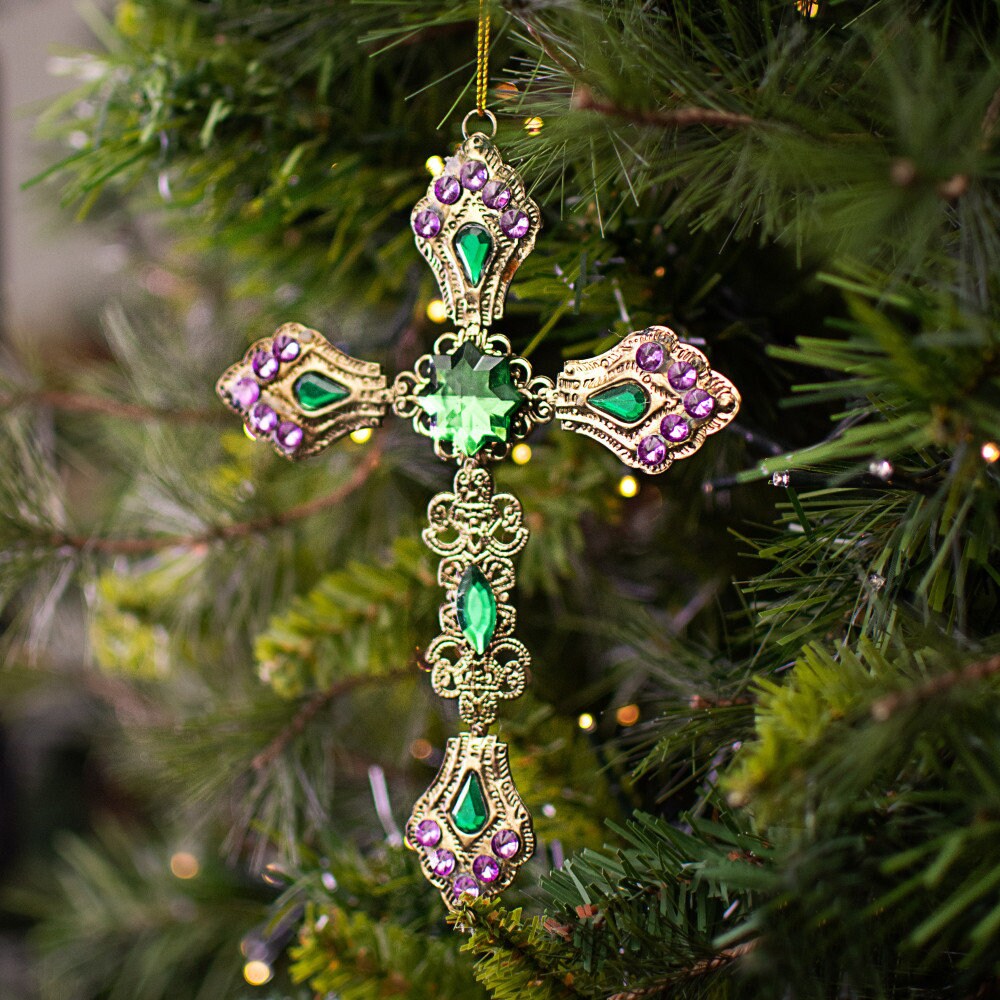 6" Gold Cross Ornament With Green & Purple Jewels New Orleans Christmas Mardi Gras Holiday Ornament Jesus