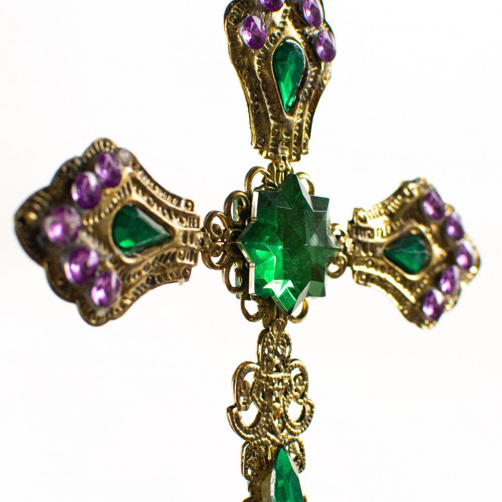 6" Gold Cross Ornament With Green & Purple Jewels New Orleans Christmas Mardi Gras Holiday Ornament Jesus