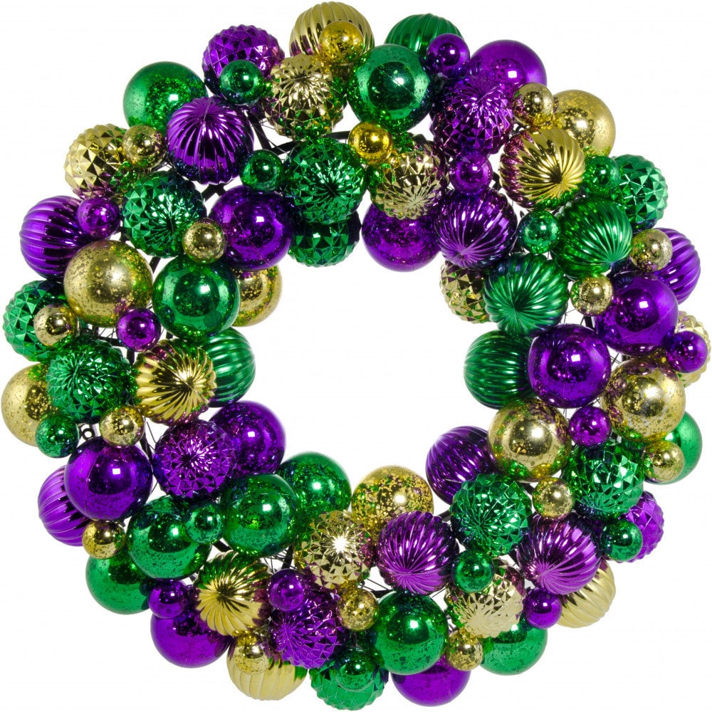 16" Antique Finish Ball Mardi Gras Christmas Wreath: Purple, Green & Gold Decorated Door Ornament Home Collection Decor Fat Tuesday