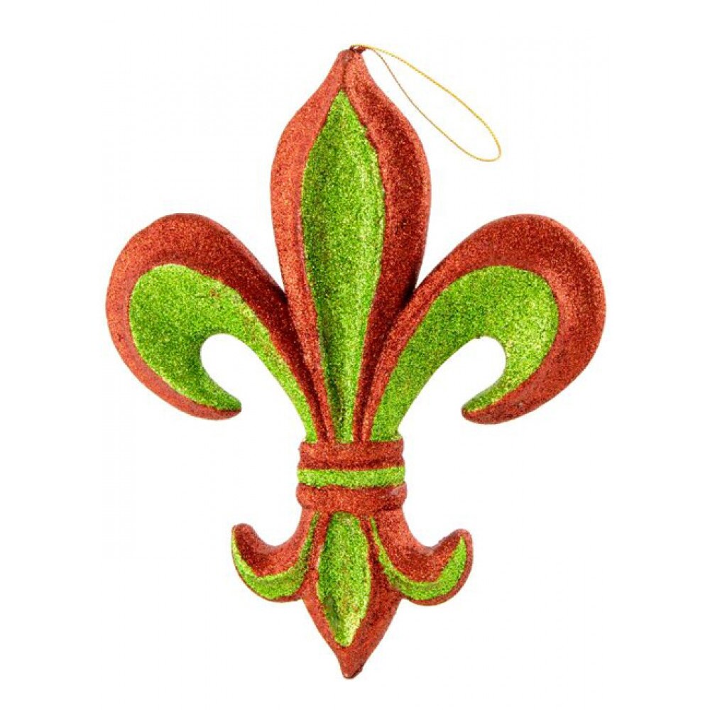 LARGE elegant 10" Fleur de Lis Ornament: Red & Green Glitter 10" Tall By 7.5" Wide Christmas Mardi Gras Tree Holiday