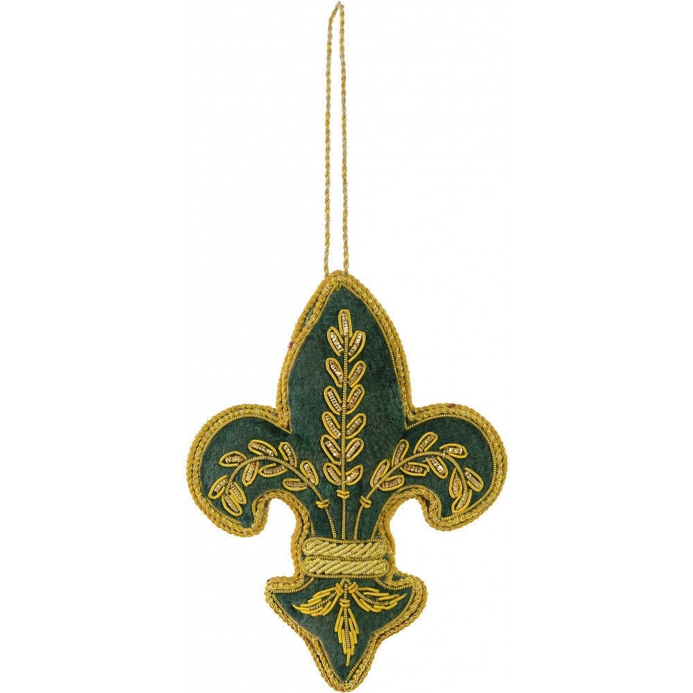 Zardozi embroidered fabric Fleur de Lis Ornament GREEN GOLD New Orleans Fleur De Lis Christmas Ornament Jazz  French Quarter Mardi Gras Tree