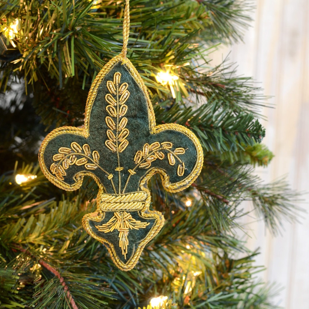 Zardozi embroidered fabric Fleur de Lis Ornament GREEN GOLD New Orleans Fleur De Lis Christmas Ornament Jazz  French Quarter Mardi Gras Tree