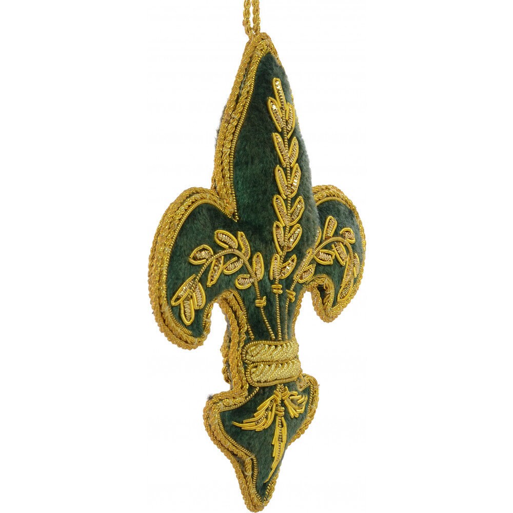 Zardozi embroidered fabric Fleur de Lis Ornament GREEN GOLD New Orleans Fleur De Lis Christmas Ornament Jazz  French Quarter Mardi Gras Tree