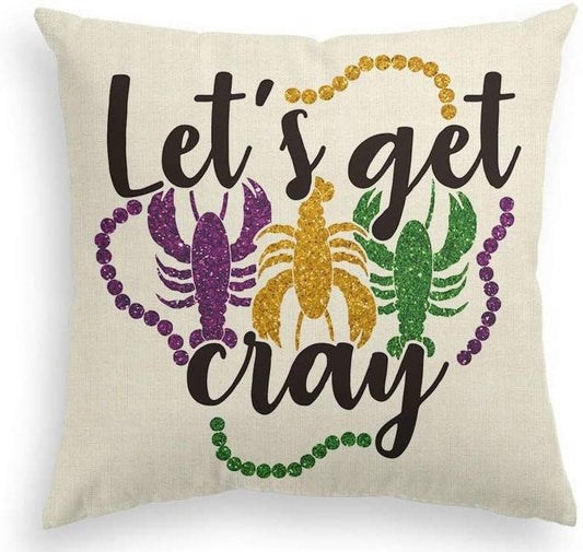 Mardi Gras Pillow Cover Home Decorations Beads "Let's Get Cray" Crawfish Crayfish Lobster Boil Seafood Decorative Fat Tuesday