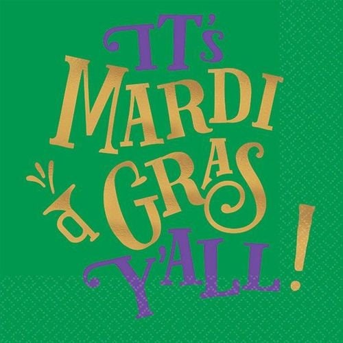 Mardi Gras Y'ALL Fleur De Lis Din Beverage Napkins: Gold Green Purple (16)