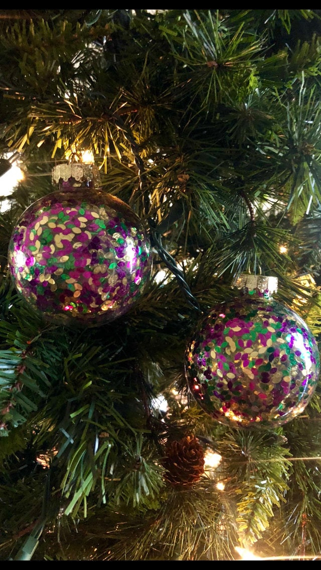 PGG Mardi Gras confetti  Ornaments: large (Set of 2) Purple Green Gold Christmas Tree Decor