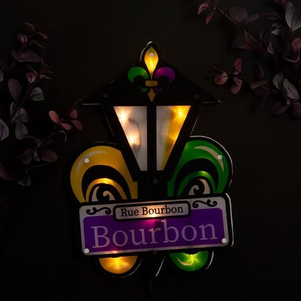 Flame Glow Mardi Gras Bourbon Street Fleur De Lis sign St Lamp Lighted Shimmer Light Lamp Post New Orleans French Quarter Parade