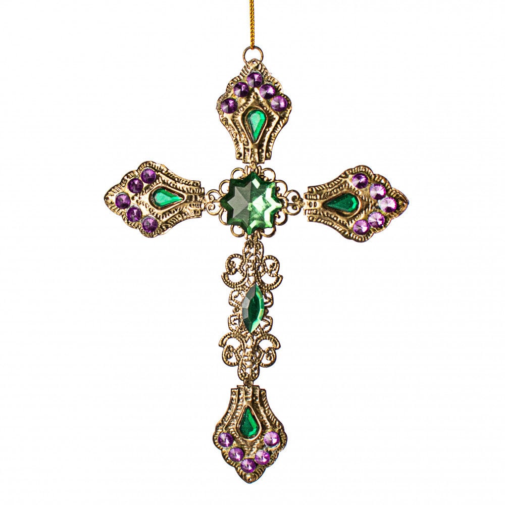 New Orleans  6" filigree Regal Gold Cross Ornament With Green & Purple Jewels  Christmas  Mardi Gras Decorations decor Jesus Christian