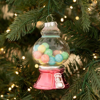 Gumball Machine GLASS Christmas Tree Holiday Ornament pink glass  clear top  colorful glittery foam  gumballs