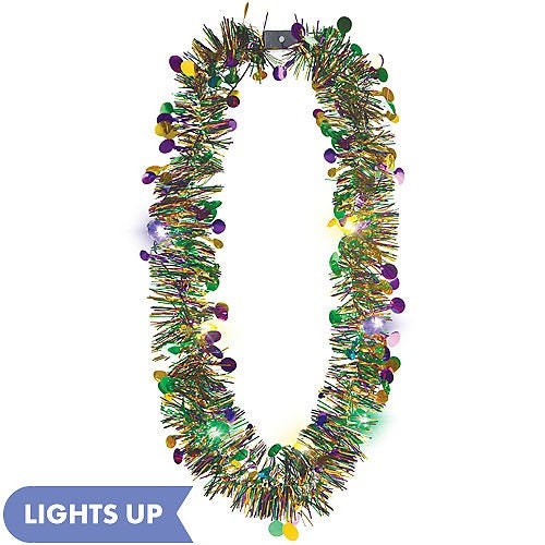 Mardi Gras LIGHT UP Tinsel NECKLACE Fat Tuesday Gold Green Purple garland Holiday Christmas Tree French Quarter Bourbon Street