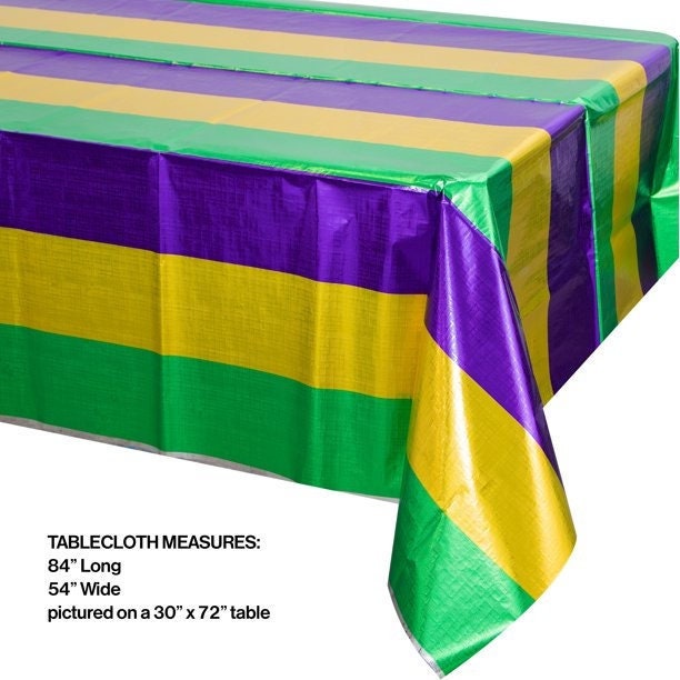 Striped Mardi Gras Metallic Tablecloth, 54" x 84"  Masquerade Party Decoration  New Orleans French Quarter Fleur De lis