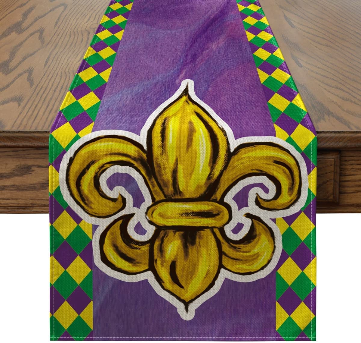 MARDI GRAS Carnival Table Runner HARLEQUIN  Fleur De Lis Holiday Dining  Decoration Indoor Outdoor Home Party Decor 13 x 72 In New Orleans