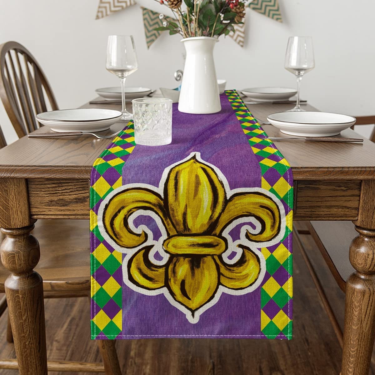 MARDI GRAS Carnival Table Runner HARLEQUIN  Fleur De Lis Holiday Dining  Decoration Indoor Outdoor Home Party Decor 13 x 72 In New Orleans