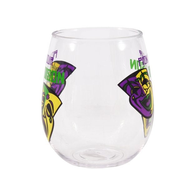 MARDI GRAS Confetti  18-Ounce Acrylic Stemless Wine Glass Pick Your Poison Cup parade Drink party New Orleans Bourbon Street comedy tragedy