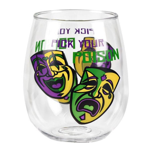 MARDI GRAS Confetti  18-Ounce Acrylic Stemless Wine Glass Pick Your Poison Cup parade Drink party New Orleans Bourbon Street comedy tragedy