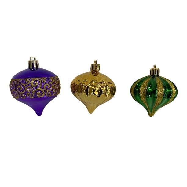 PGG Mardi Gras Glitter Round Ball Ornaments: large (Set of 3) 70 MM Purple Green Gold Christmas Tree Decor Carnival