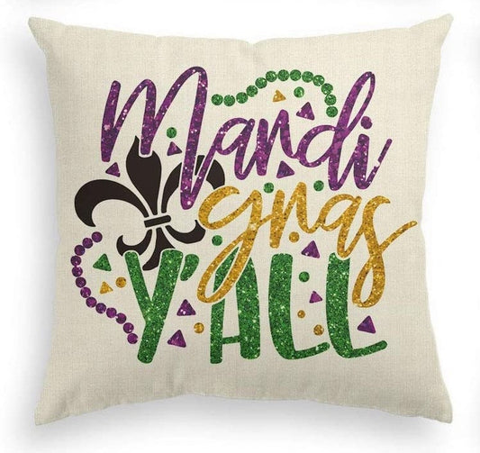 Mardi Gras Pillow Cover Happy Mardi Gras Ya'll  for Home Decorations Beads Fleur De Lis  Throw Pillows Decorative Fat Tuesday