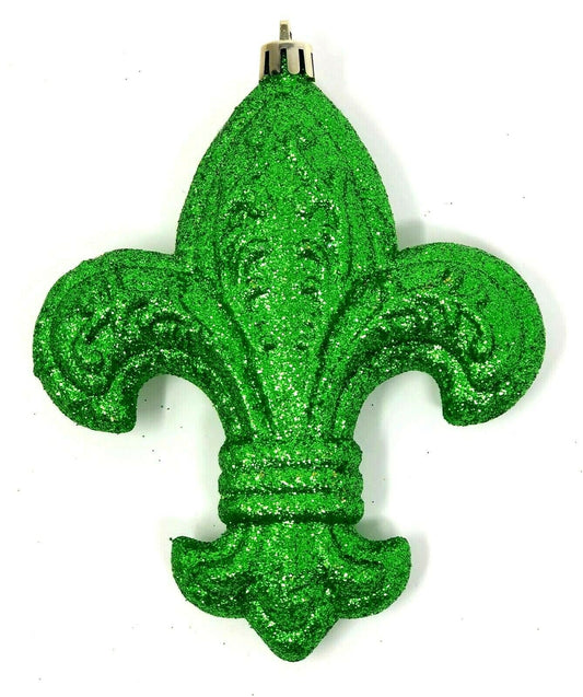 Fleur de Lis Mardi Gras Ornaments: 5" Large JUMBO green glitter  Holiday Tree Christmas New Orleans Christmas Tree