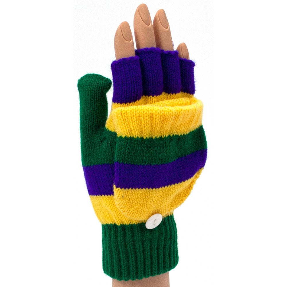 Unisex Fleur De Lis Mardi Gras Fingerless Gloves / Mittens Knit Winter Warm Purple green gold stripe Parade Embroidered